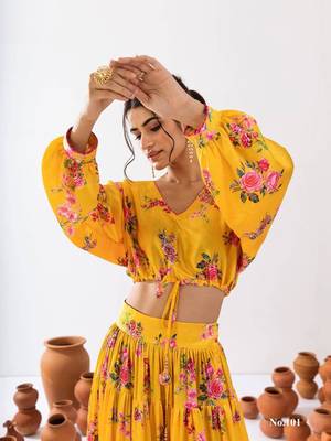 yellow silk blend printed fashion lehenga choli 3