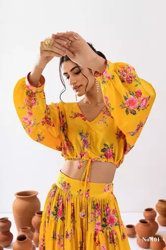 yellow silk blend printed fashion lehenga choli