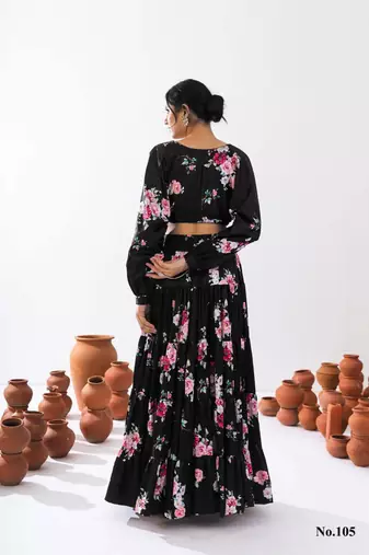black silk blend printed fashion lehenga choli