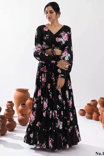 black silk blend printed fashion lehenga choli
