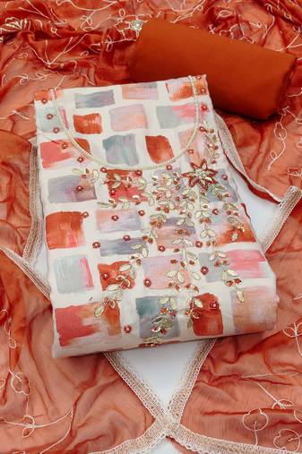 multi unstitched digital print handwork with embroidered dupatta jaam dress material
