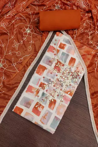 multi unstitched digital print handwork with embroidered dupatta jaam dress material