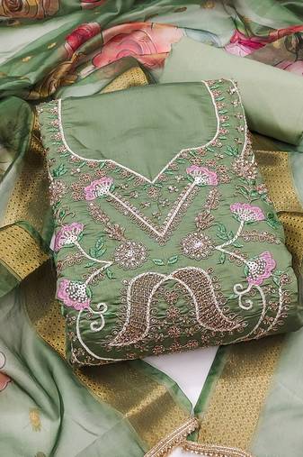 light green unstitched thread embroidery handwork with digital printed dupatta silk blend dress material