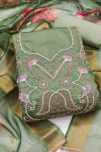 light green unstitched thread embroidery handwork with digital printed dupatta silk blend dress material
