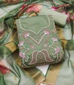 light green unstitched thread embroidery handwork with digital printed dupatta silk blend dress material