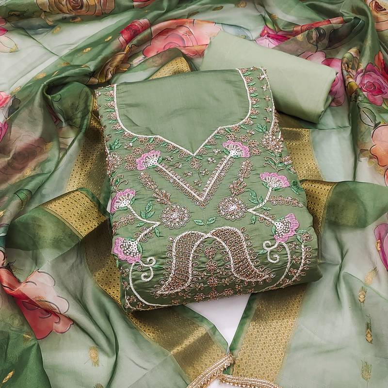 light green unstitched thread embroidery handwork with digital printed dupatta silk blend dress material