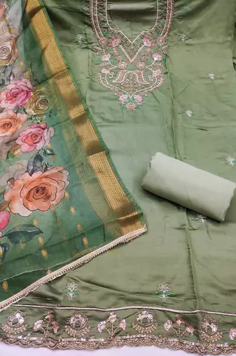 light green unstitched thread embroidery handwork with digital printed dupatta silk blend dress material