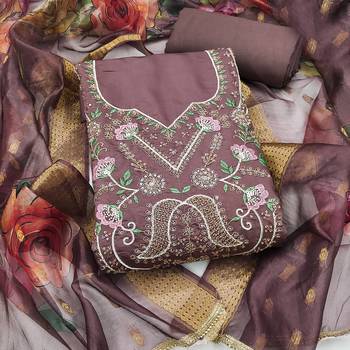 purple unstitched thread embroidery handwork with digital printed dupatta silk blend dress material 1