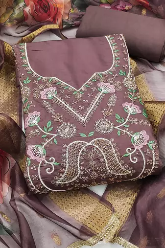 purple unstitched thread embroidery handwork with digital printed dupatta silk blend dress material