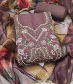 purple unstitched thread embroidery handwork with digital printed dupatta silk blend dress material