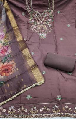 purple unstitched thread embroidery handwork with digital printed dupatta silk blend dress material 2