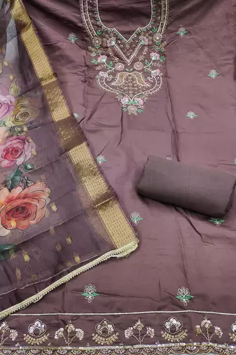 purple unstitched thread embroidery handwork with digital printed dupatta silk blend dress material