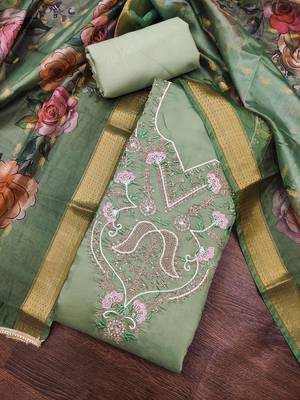 light green unstitched thread embroidery handwork with digital printed dupatta silk blend dress material 4