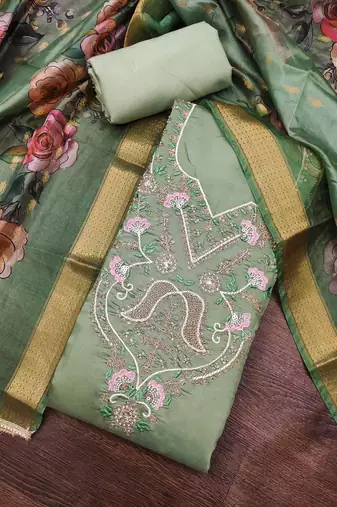 light green unstitched thread embroidery handwork with digital printed dupatta silk blend dress material