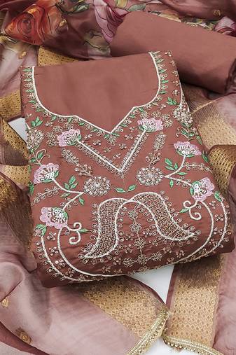 dusty rose unstitched thread embroidery handwork with digital printed dupatta silk blend dress material