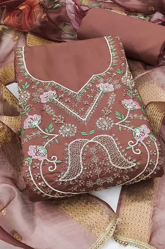 dusty rose unstitched thread embroidery handwork with digital printed dupatta silk blend dress material