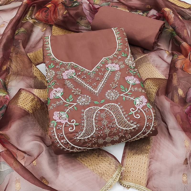 dusty rose unstitched thread embroidery handwork with digital printed dupatta silk blend dress material