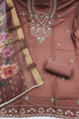 dusty rose unstitched thread embroidery handwork with digital printed dupatta silk blend dress material 2