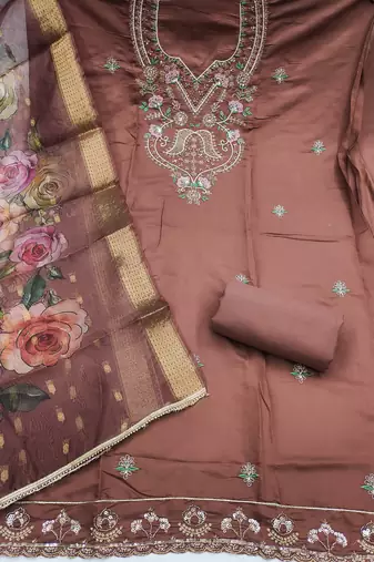 dusty rose unstitched thread embroidery handwork with digital printed dupatta silk blend dress material