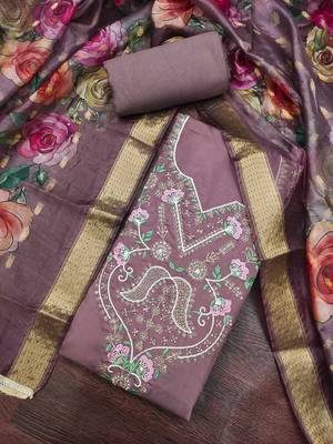 purple unstitched thread embroidery handwork with digital printed dupatta silk blend dress material 4