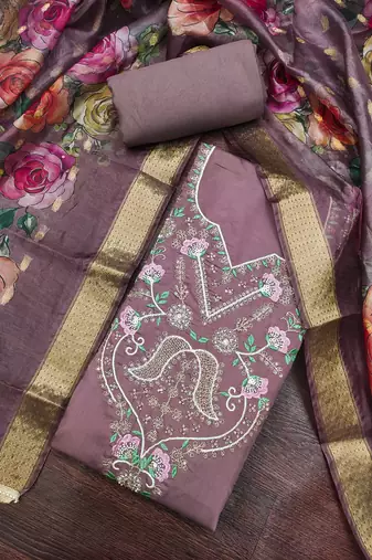 purple unstitched thread embroidery handwork with digital printed dupatta silk blend dress material