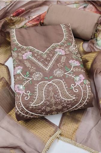 brown unstitched thread embroidery handwork with digital printed dupatta silk blend dress material