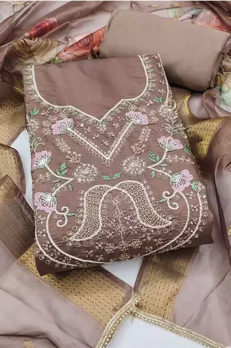 brown unstitched thread embroidery handwork with digital printed dupatta silk blend dress material