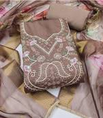brown unstitched thread embroidery handwork with digital printed dupatta silk blend dress material