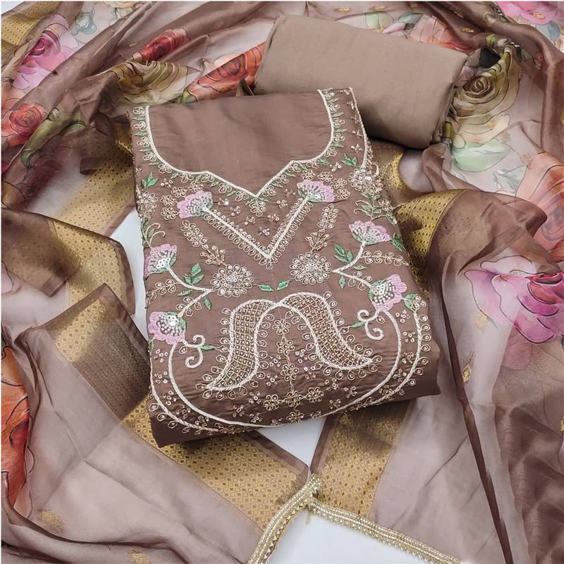 brown unstitched thread embroidery handwork with digital printed dupatta silk blend dress material