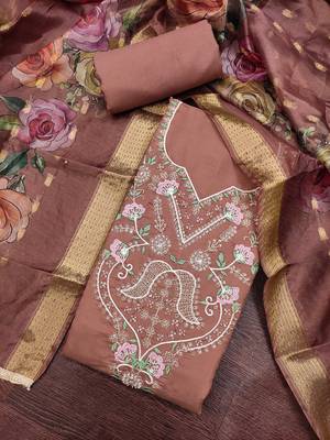 dusty rose unstitched thread embroidery handwork with digital printed dupatta silk blend dress material 4