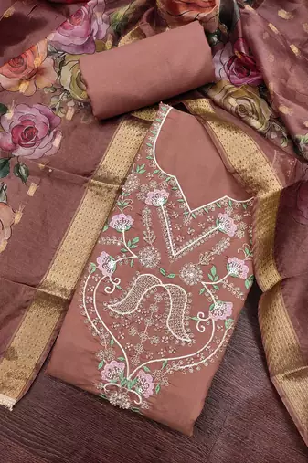 dusty rose unstitched thread embroidery handwork with digital printed dupatta silk blend dress material