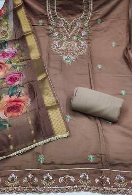 brown unstitched thread embroidery handwork with digital printed dupatta silk blend dress material 2