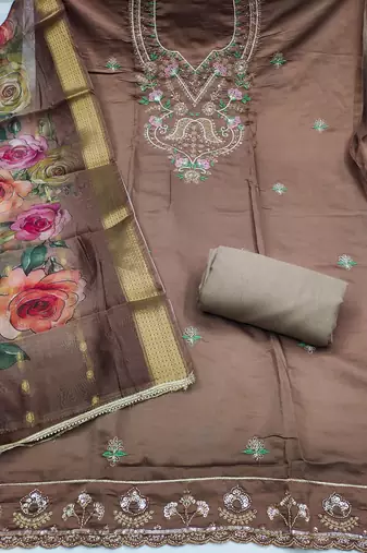 brown unstitched thread embroidery handwork with digital printed dupatta silk blend dress material