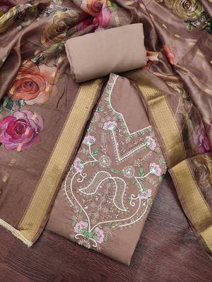 brown unstitched thread embroidery handwork with digital printed dupatta silk blend dress material 4