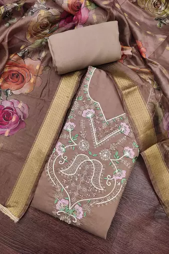 brown unstitched thread embroidery handwork with digital printed dupatta silk blend dress material