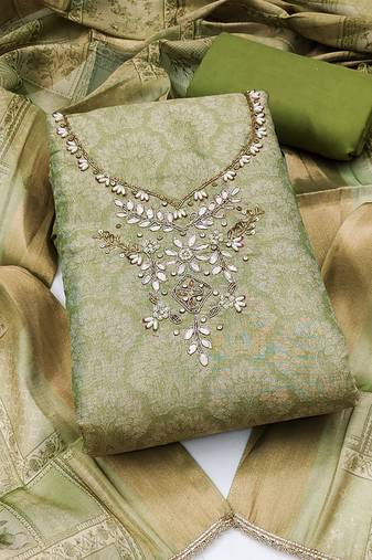 multi unstitched shimmer print handwork with printed dupatta linen dress material