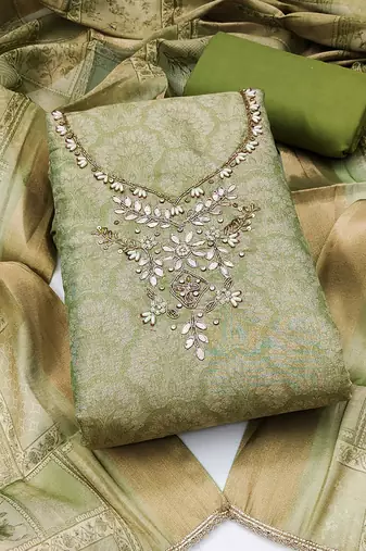multi unstitched shimmer print handwork with printed dupatta linen dress material