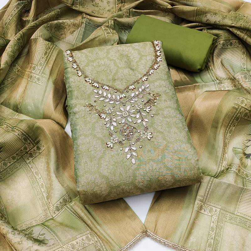 multi unstitched shimmer print handwork with printed dupatta linen dress material