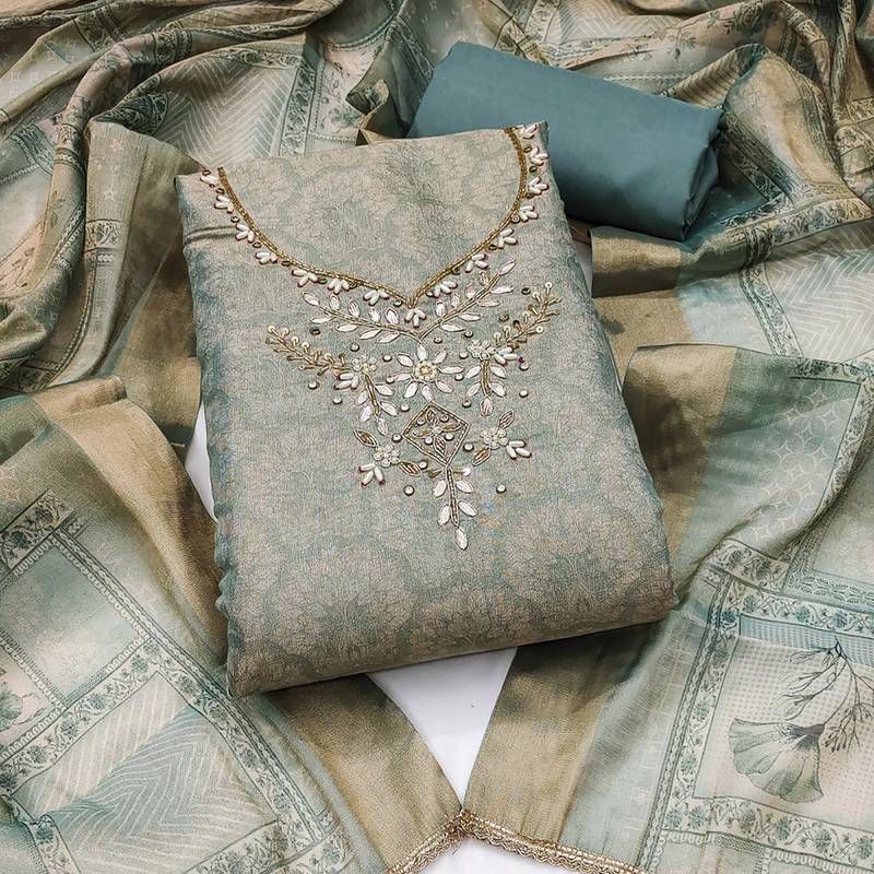 multi unstitched shimmer print handwork with printed dupatta linen dress material