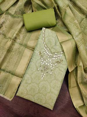 multi unstitched shimmer print handwork with printed dupatta linen dress material 4