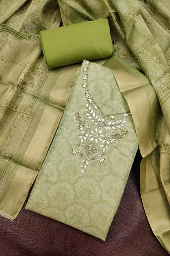multi unstitched shimmer print handwork with printed dupatta linen dress material