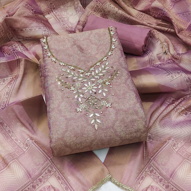multi unstitched shimmer print handwork with printed dupatta linen dress material