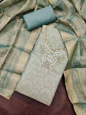 multi unstitched shimmer print handwork with printed dupatta linen dress material 4
