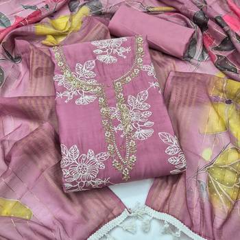 lavender unstitched thread embroidery handwork with digital printed dupatta silk blend dress material 1