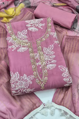 lavender unstitched thread embroidery handwork with digital printed dupatta silk blend dress material