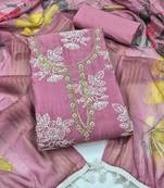 lavender unstitched thread embroidery handwork with digital printed dupatta silk blend dress material