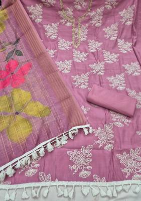 lavender unstitched thread embroidery handwork with digital printed dupatta silk blend dress material 2