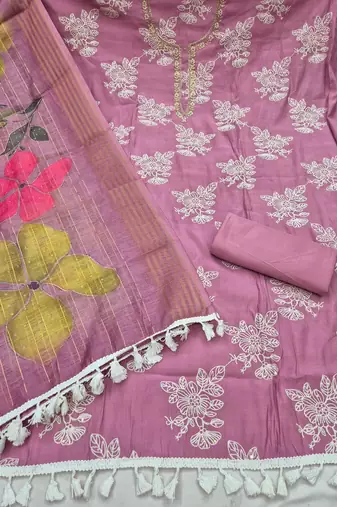 lavender unstitched thread embroidery handwork with digital printed dupatta silk blend dress material