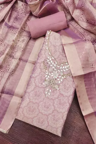 multi unstitched shimmer print handwork with printed dupatta linen dress material