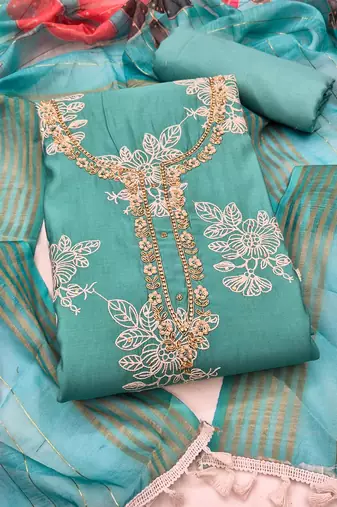 sea green unstitched thread embroidery handwork with digital printed dupatta silk blend dress material